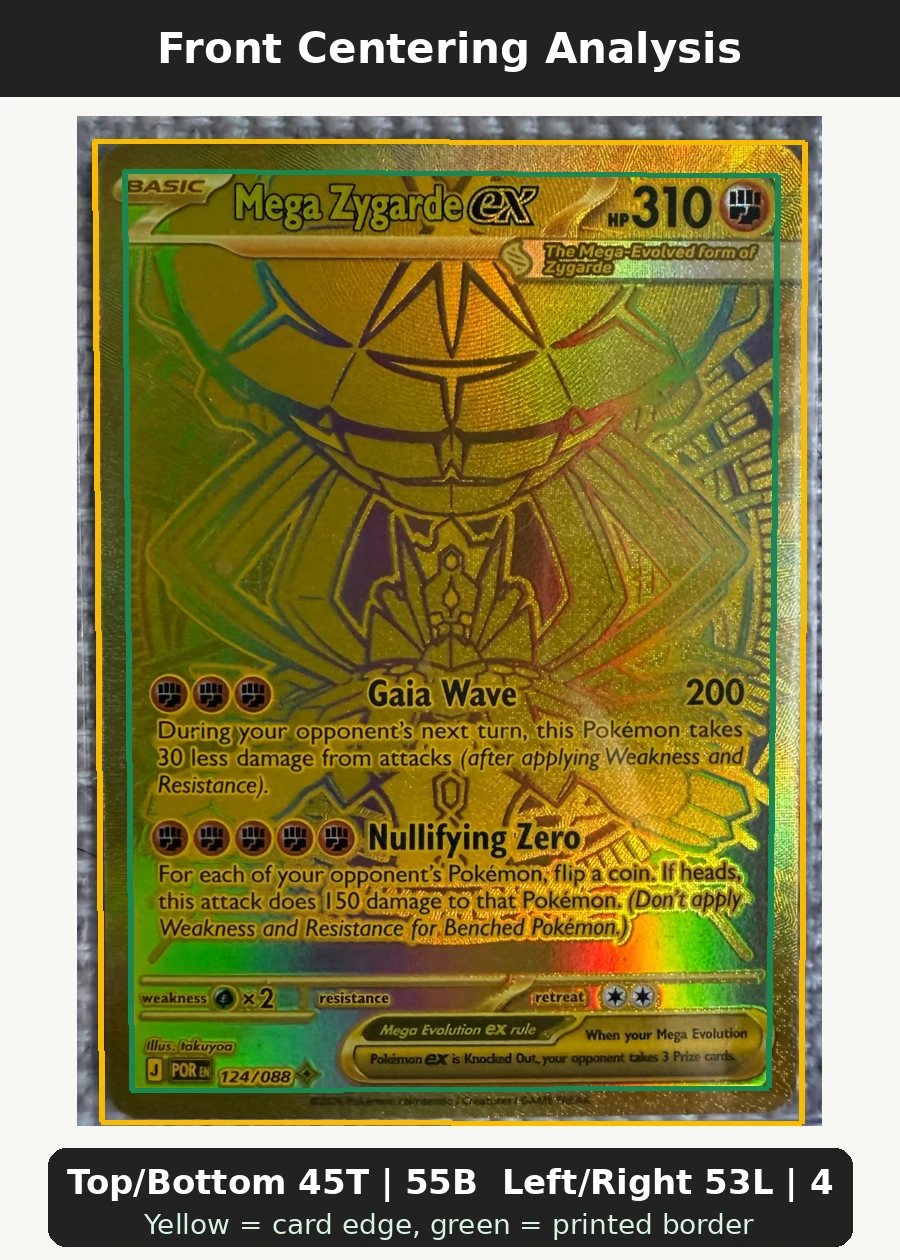 Mega Zygarde ex 124/88 Perfect Order front centering analysis showing Top/Bottom 45T | 55B and Left/Right 53L | 47R.