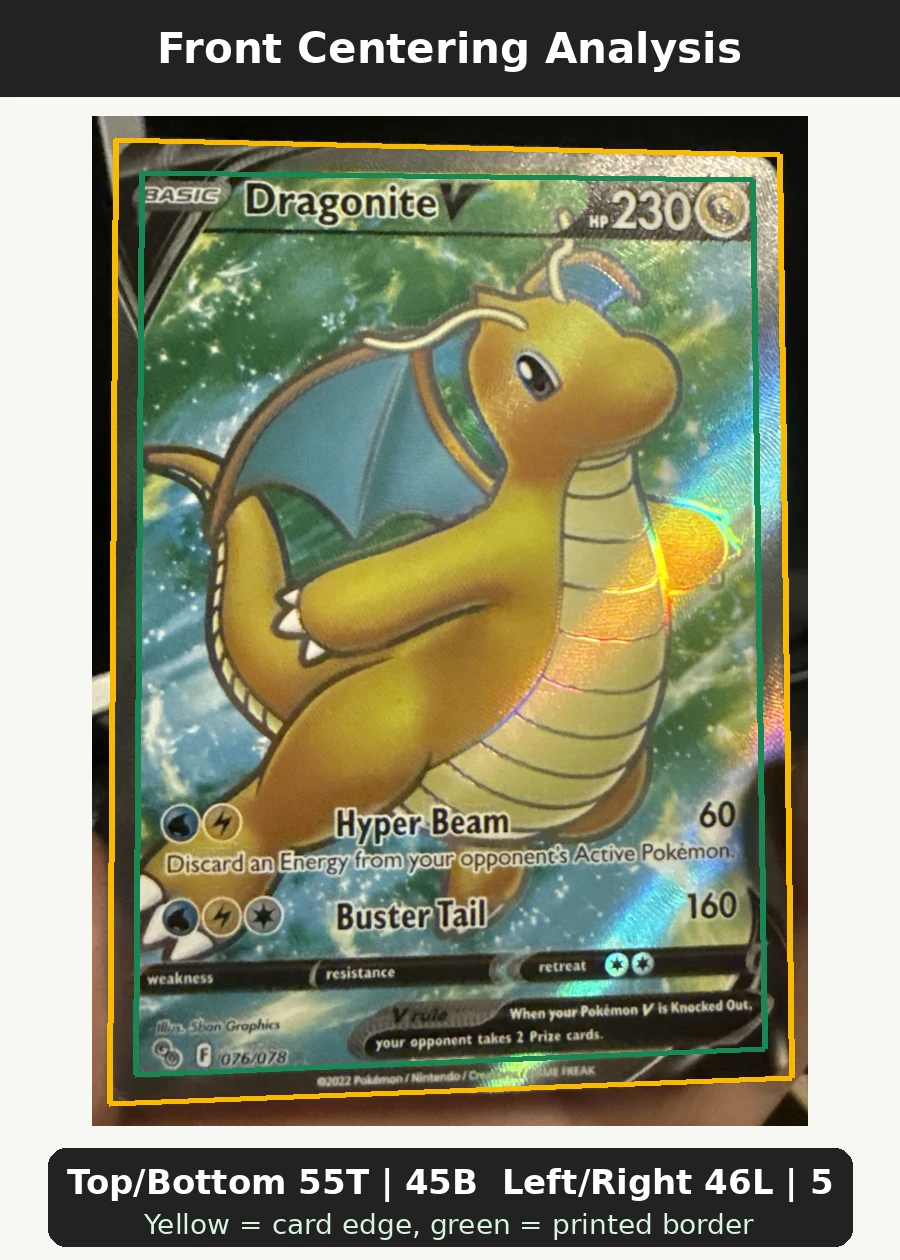Dragonite V 076/78 Pokémon GO front centering analysis showing Top/Bottom 55T | 45B and Left/Right 46L | 54R.