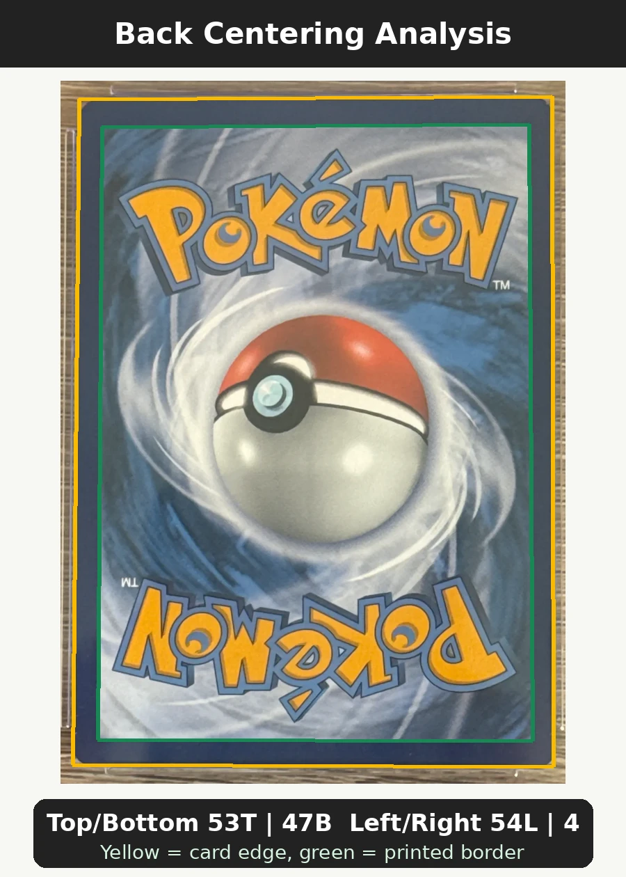 Charizard VSTAR SWSH262/307 SWSH Black Star Promos back centering analysis showing Top/Bottom 53T | 47B and Left/Right 54L | 46R.