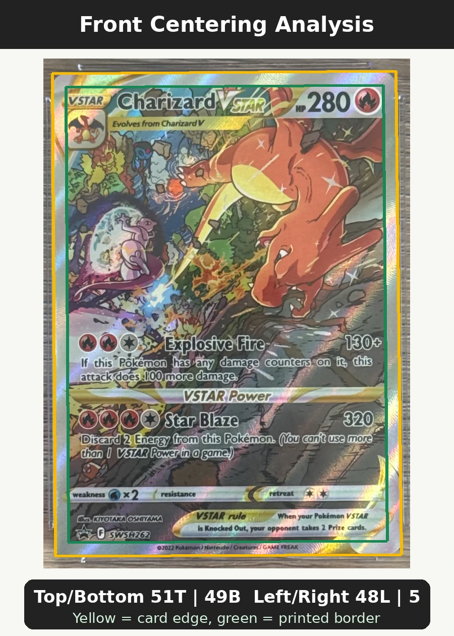 Charizard VSTAR SWSH262/307 SWSH Black Star Promos front centering analysis showing Top/Bottom 51T | 49B and Left/Right 48L | 52R.