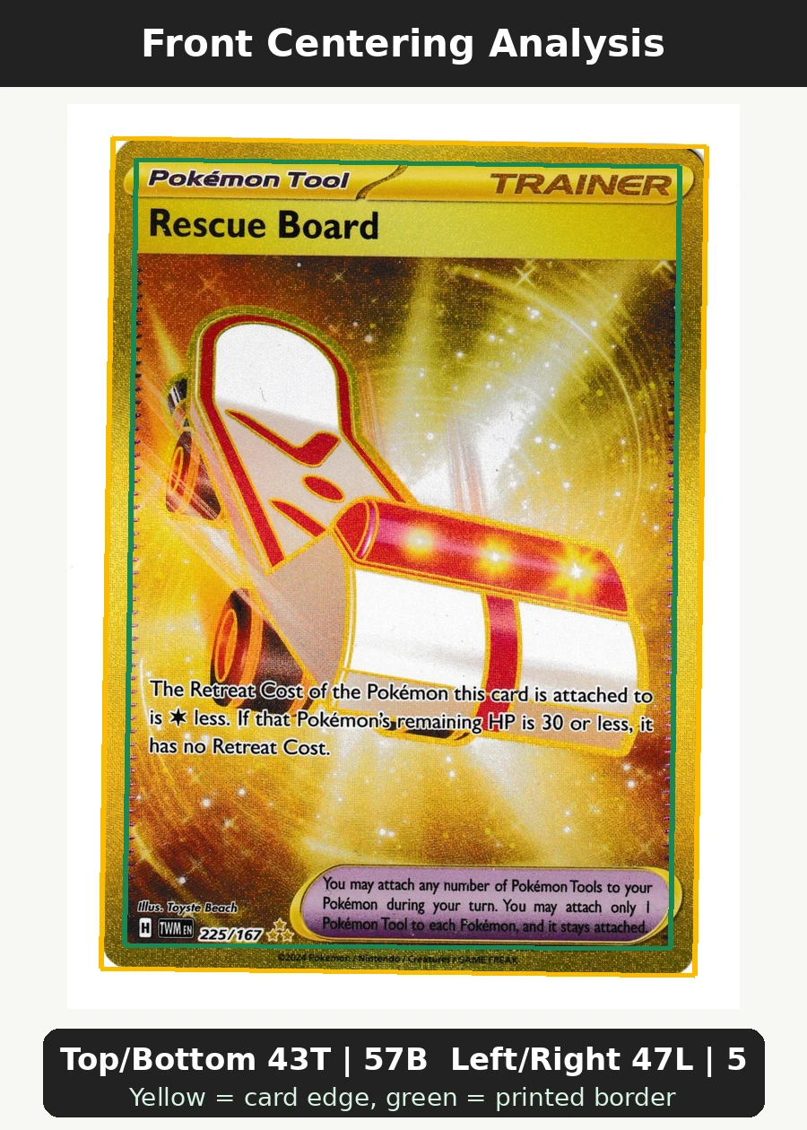 Rescue Board 225/167 Twilight Masquerade front centering analysis showing Top/Bottom 43T | 57B and Left/Right 47L | 53R.