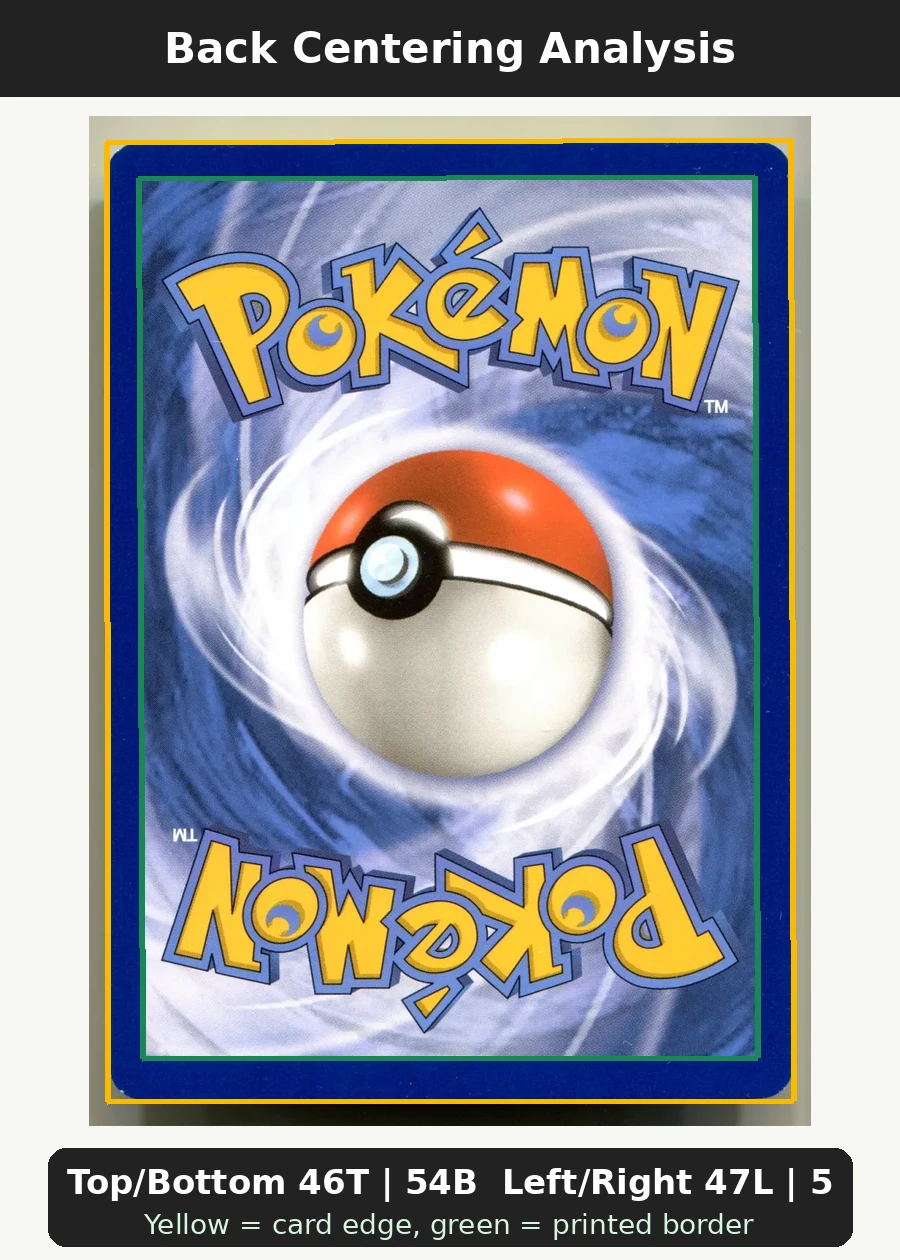 Pikachu DP016 Countdown Calendar Promos back centering analysis showing Top/Bottom 46T | 54B and Left/Right 47L | 53R.