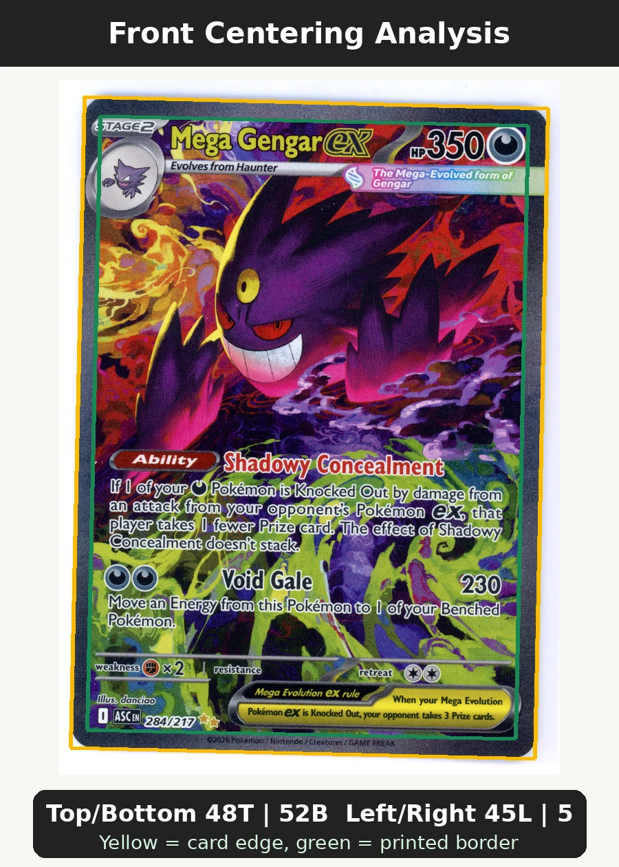 Mega Gengar ex 284/217 Ascended Heroes front centering analysis showing Top/Bottom 48T | 52B and Left/Right 45L | 55R.