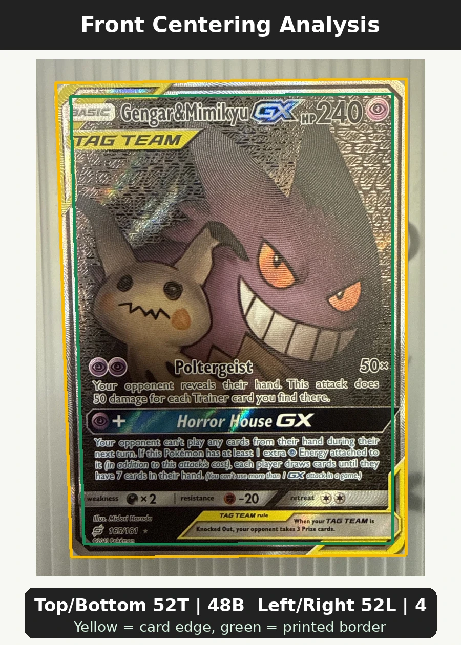 Gengar & Mimikyu GX 165/181 Team Up front centering analysis showing Top/Bottom 52T | 48B and Left/Right 52L | 48R.