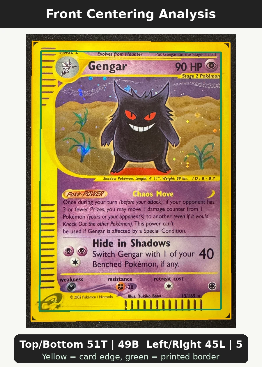 Gengar 013/165 · Holo Expedition Base Set front centering analysis showing Top/Bottom 51T | 49B and Left/Right 45L | 55R.
