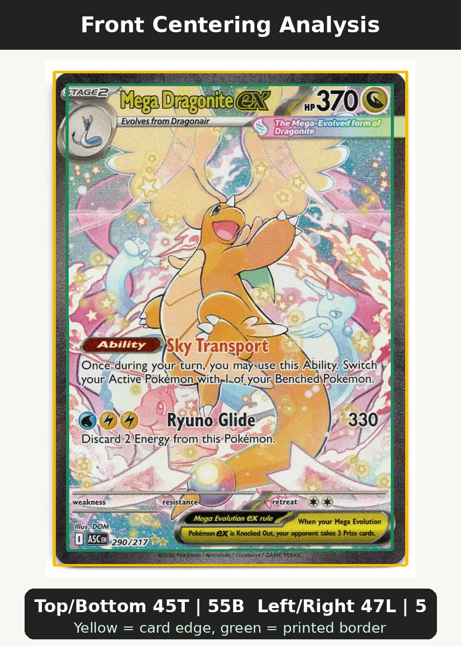 Mega Dragonite ex 290/217 Ascended Heroes front centering analysis showing Top/Bottom 45T | 55B and Left/Right 47L | 53R.