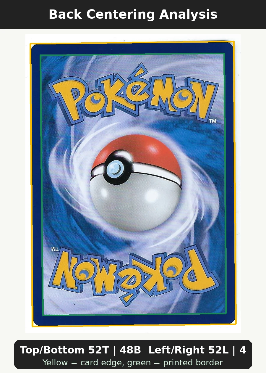 Pikachu SWSH020/307 SWSH Black Star Promos back centering analysis showing Top/Bottom 52T | 48B and Left/Right 52L | 48R.