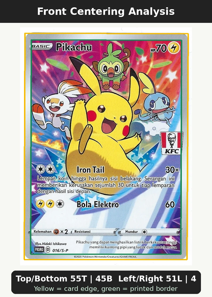 Pikachu SWSH020/307 SWSH Black Star Promos front centering analysis showing Top/Bottom 55T | 45B and Left/Right 51L | 49R.