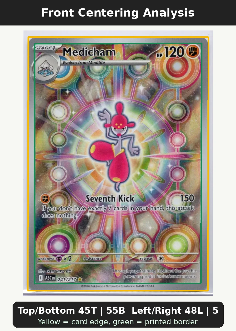 Medicham 241/217 Ascended Heroes front centering analysis showing Top/Bottom 45T | 55B and Left/Right 48L | 52R.