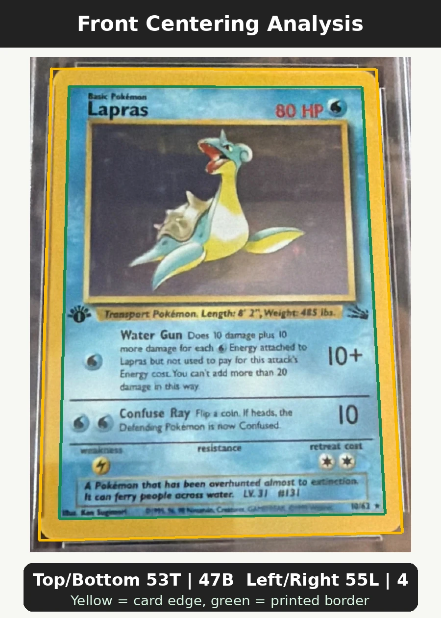Lapras 010/62 Fossil front centering analysis showing Top/Bottom 53T | 47B and Left/Right 55L | 45R.