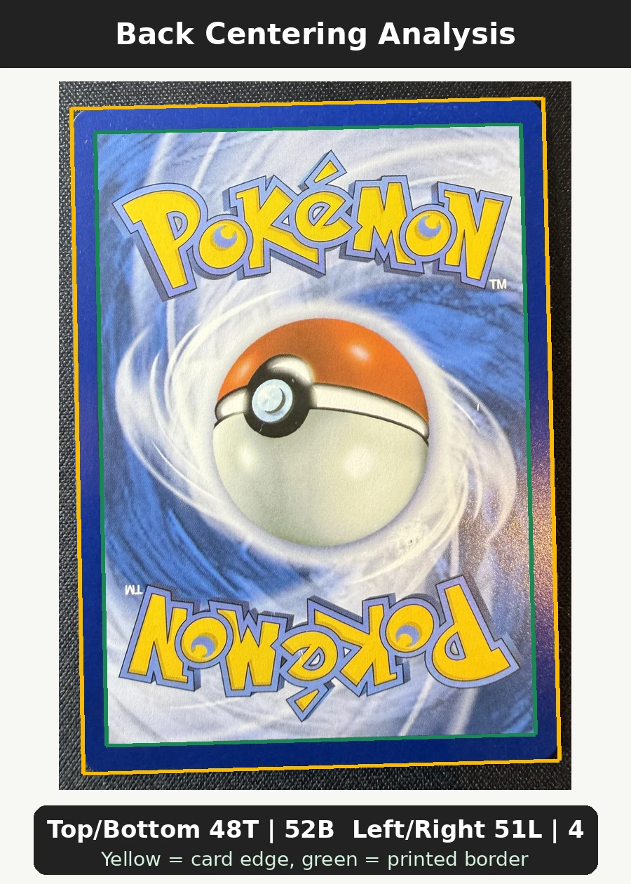 Bulbasaur 037 MEP Black Star Promos back centering analysis showing Top/Bottom 48T | 52B and Left/Right 51L | 49R.