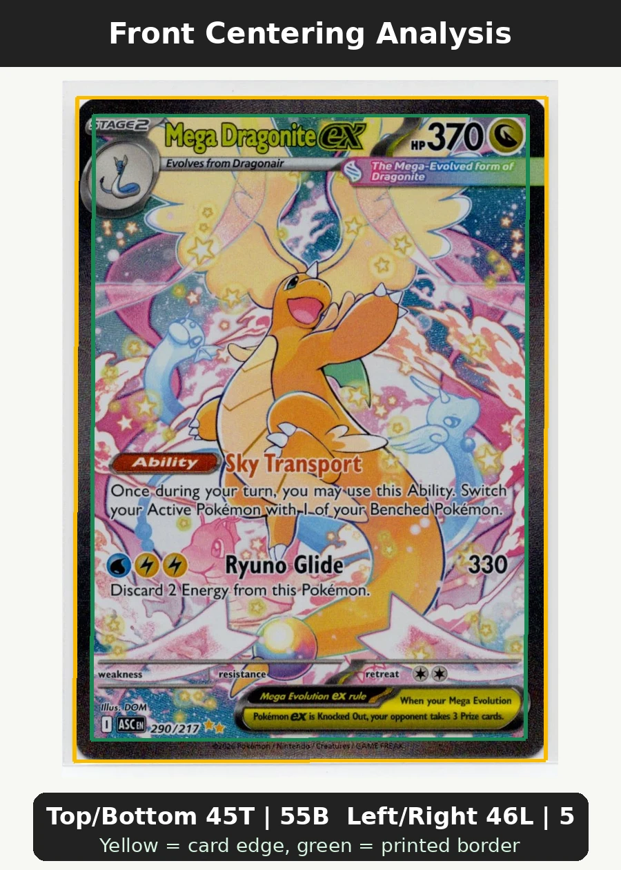 Mega Dragonite ex 290/217 Ascended Heroes front centering analysis showing Top/Bottom 45T | 55B and Left/Right 46L | 54R.