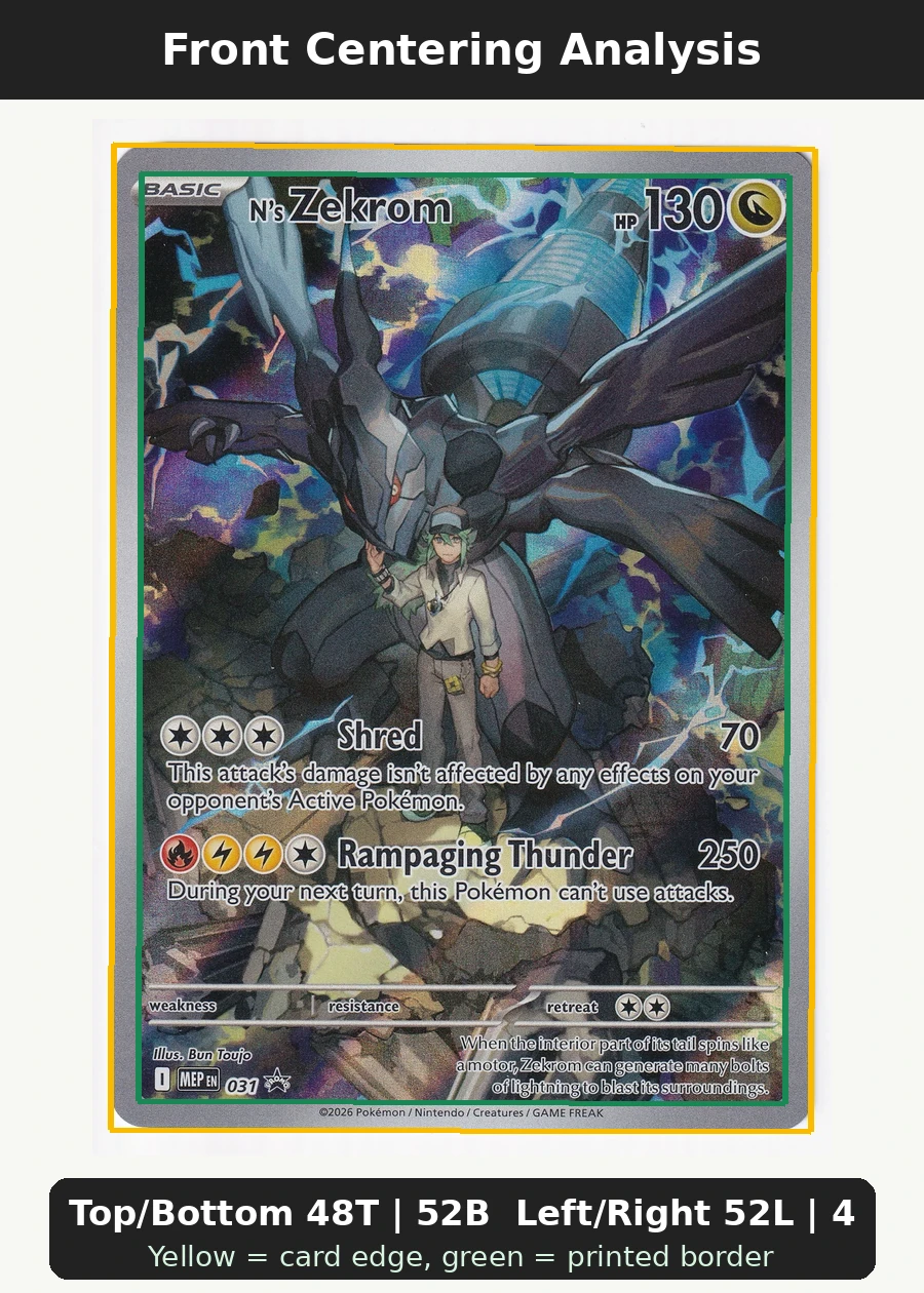 N's Zekrom 031 MEP Black Star Promos front centering analysis showing Top/Bottom 48T | 52B and Left/Right 52L | 48R.
