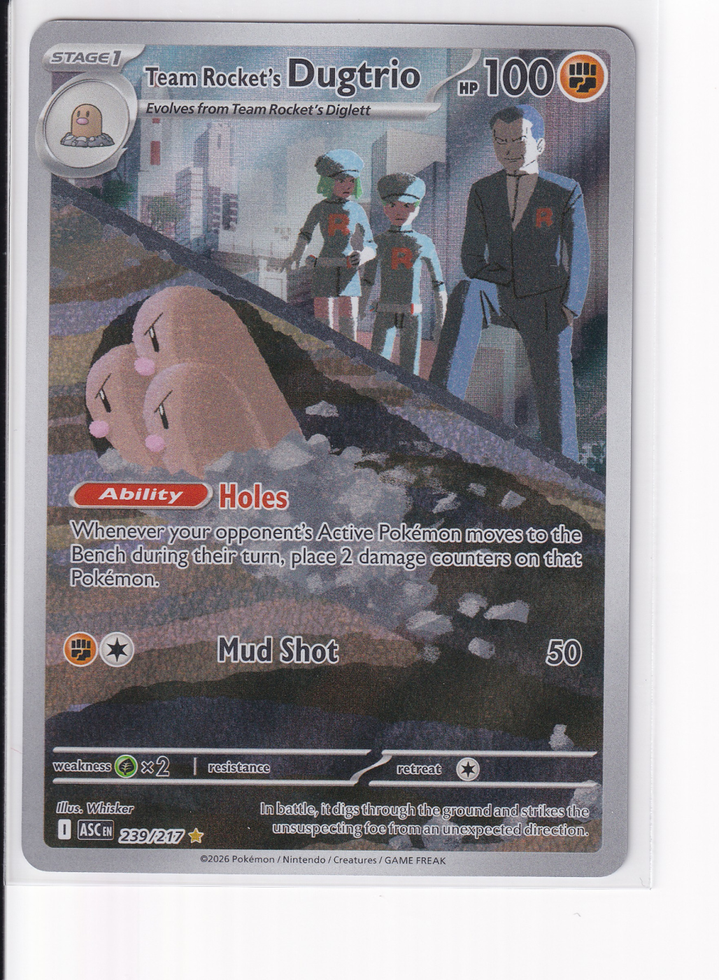Team Rocket's Dugtrio 239/217 Ascended Heroes front card photo in PokeToGrade pregrading report