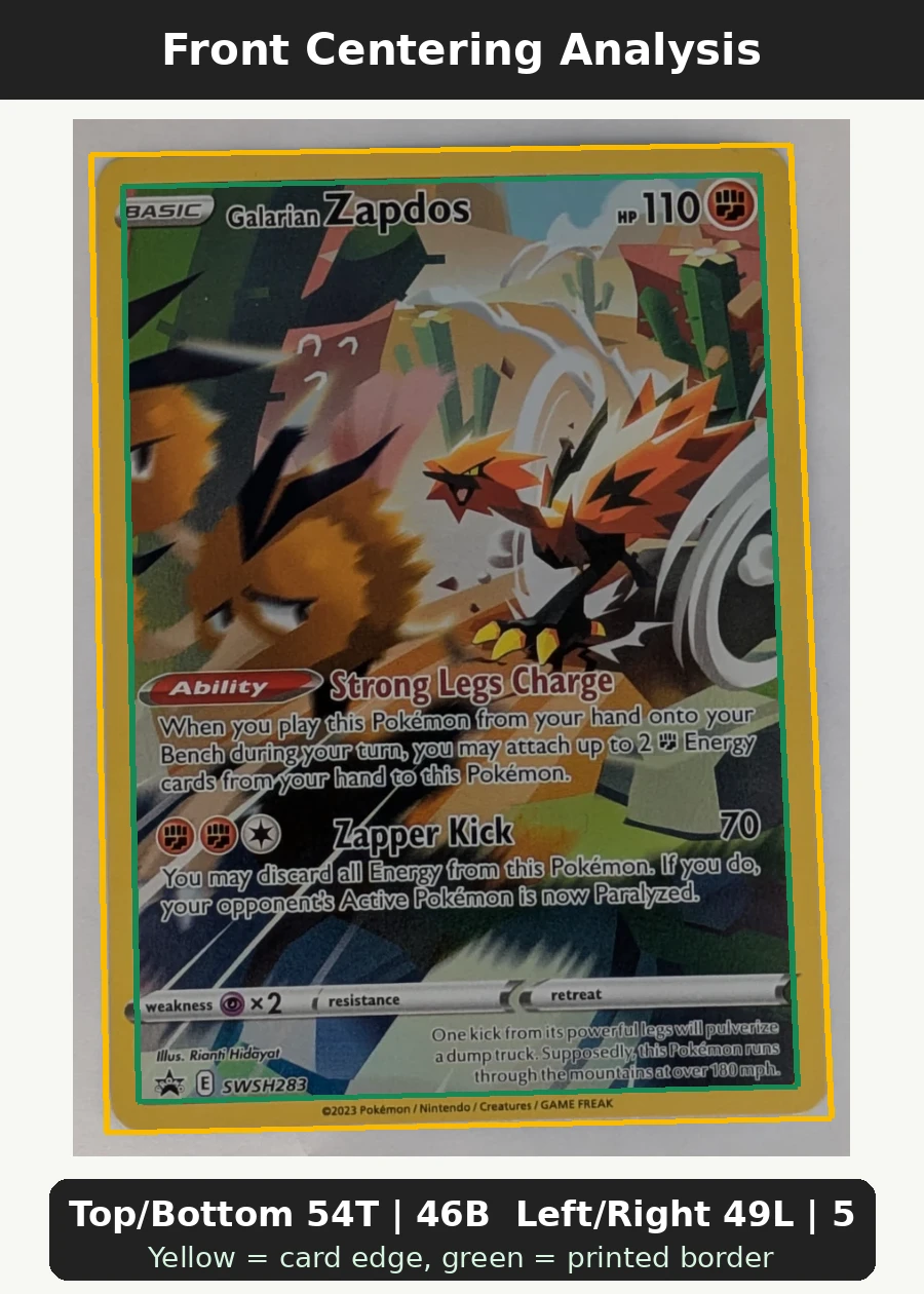 Galarian Zapdos SWSH283/307 SWSH Black Star Promos front centering analysis showing Top/Bottom 54T | 46B and Left/Right 49L | 51R.