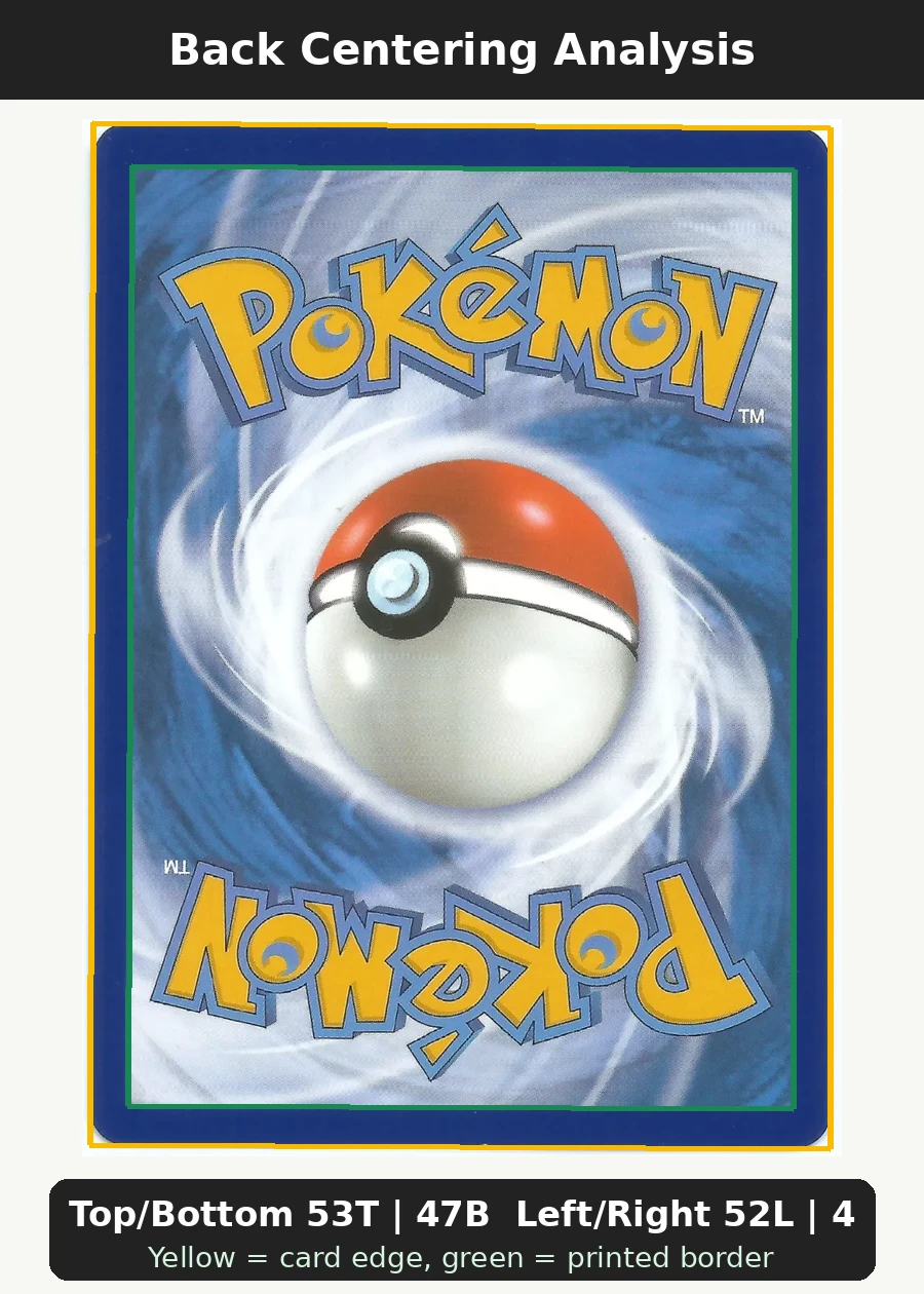 Gardevoir ex 228/198 Scarlet & Violet back centering analysis showing Top/Bottom 53T | 47B and Left/Right 52L | 48R.
