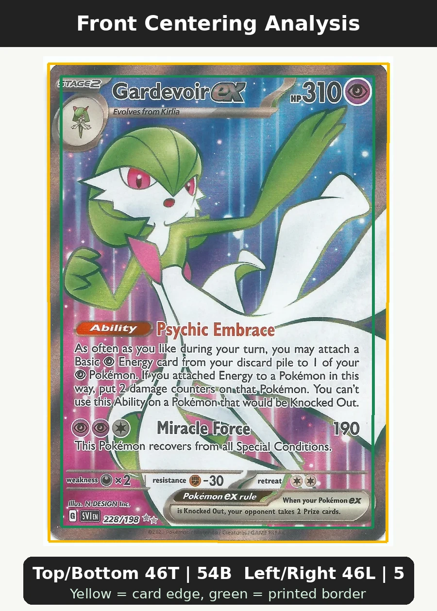 Gardevoir ex 228/198 Scarlet & Violet front centering analysis showing Top/Bottom 46T | 54B and Left/Right 46L | 54R.