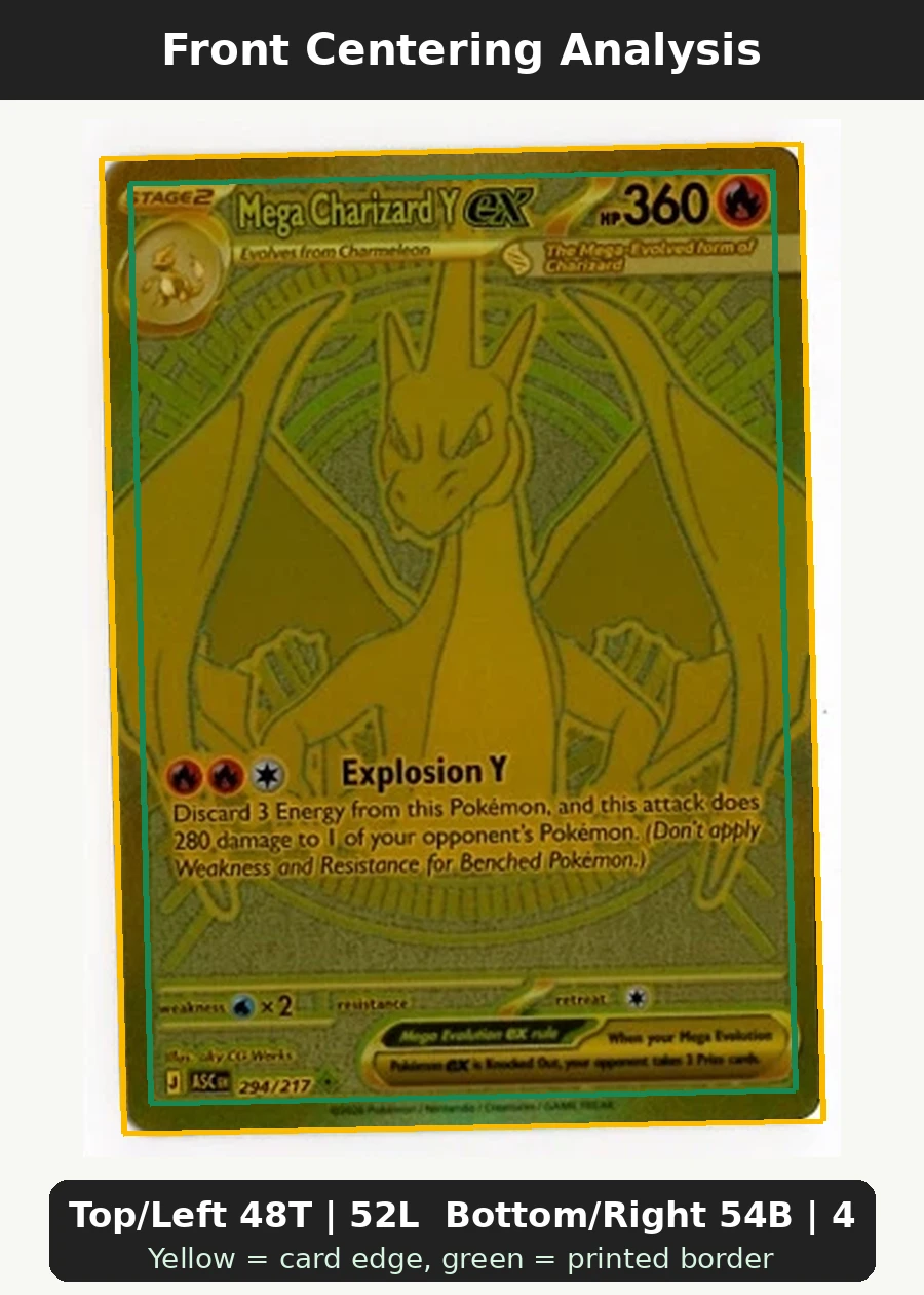 Mega Charizard Y ex 294/217 Ascended Heroes front centering analysis showing Top/Left 48T | 52L and Bottom/Right 54B | 46R.