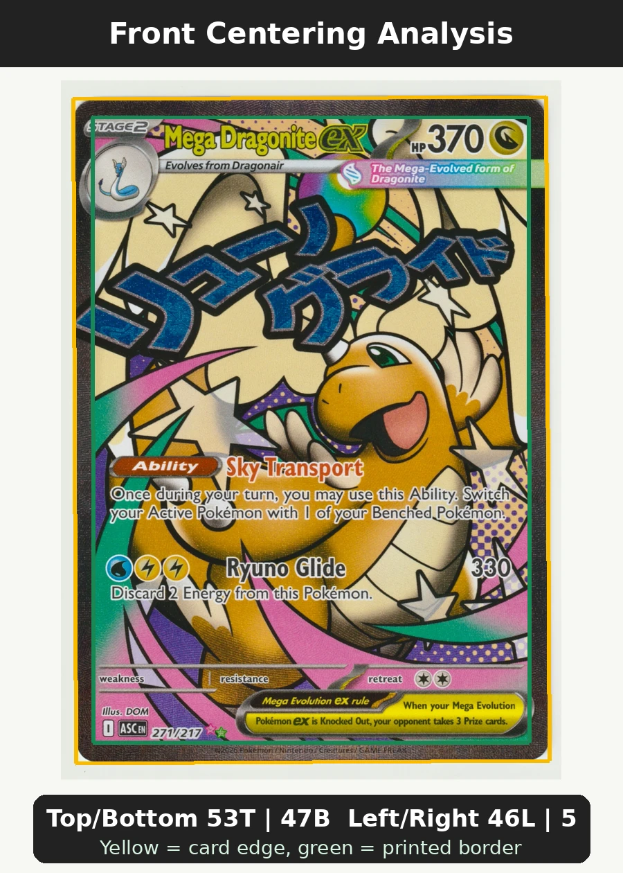 Mega Dragonite ex 271/217 Ascended Heroes front centering analysis showing Top/Bottom 53T | 47B and Left/Right 46L | 54R.