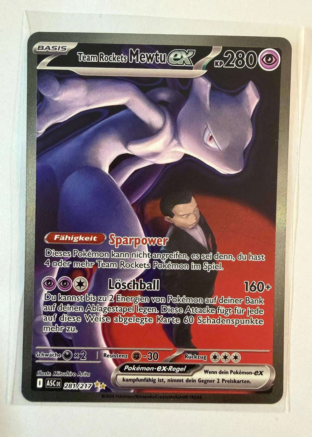 Team Rocket's Mewtwo ex 281/217 Ascended Heroes front card photo in PokeToGrade pregrading report