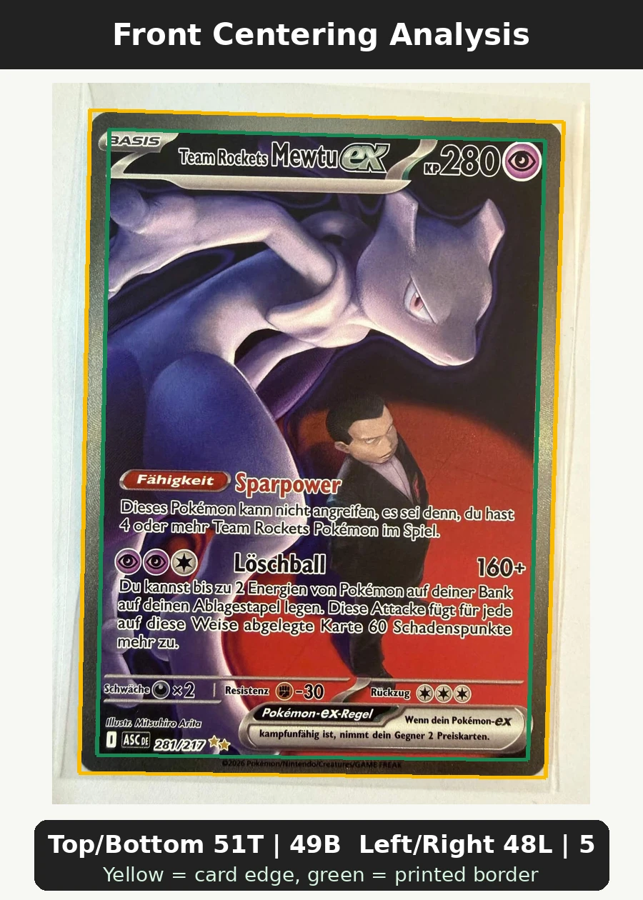 Team Rocket's Mewtwo ex 281/217 Ascended Heroes front centering analysis showing Top/Bottom 51T | 49B and Left/Right 48L | 52R.