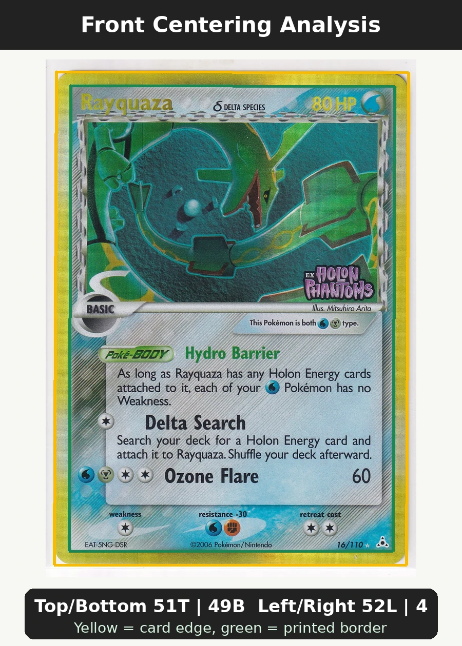 Rayquaza δ 016/110 Holon Phantoms front centering analysis showing Top/Bottom 51T | 49B and Left/Right 52L | 48R.
