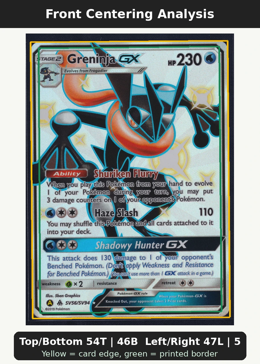 Greninja-GX SV56/94 Hidden Fates Shiny Vault front centering analysis showing Top/Bottom 54T | 46B and Left/Right 47L | 53R.