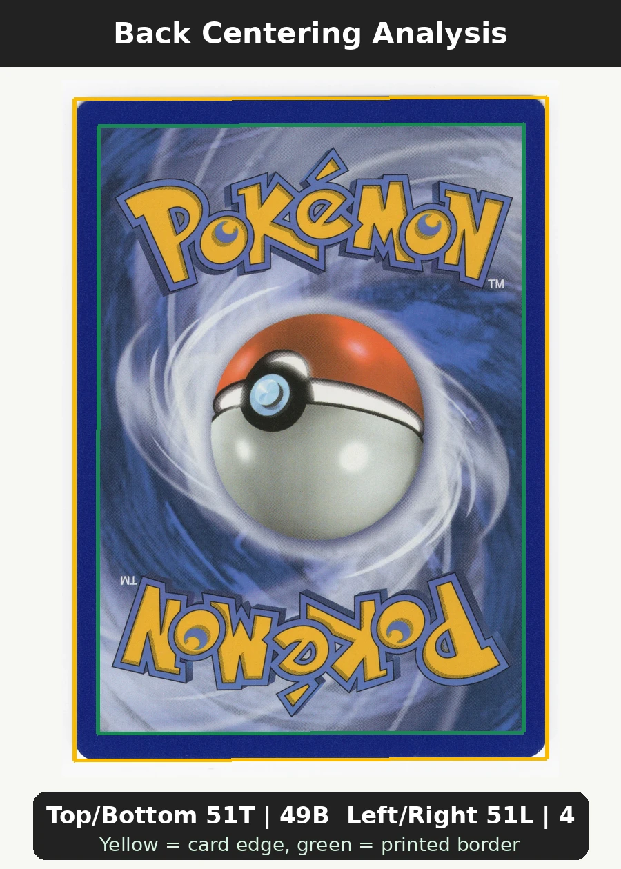 Pikachu SM162/248 SM Black Star Promos back centering analysis showing Top/Bottom 51T | 49B and Left/Right 51L | 49R.