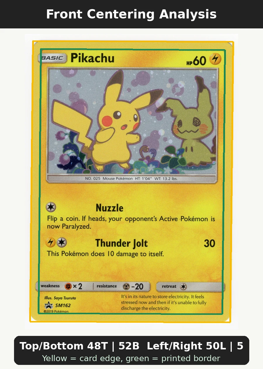 Pikachu SM162/248 SM Black Star Promos front centering analysis showing Top/Bottom 48T | 52B and Left/Right 50L | 50R.
