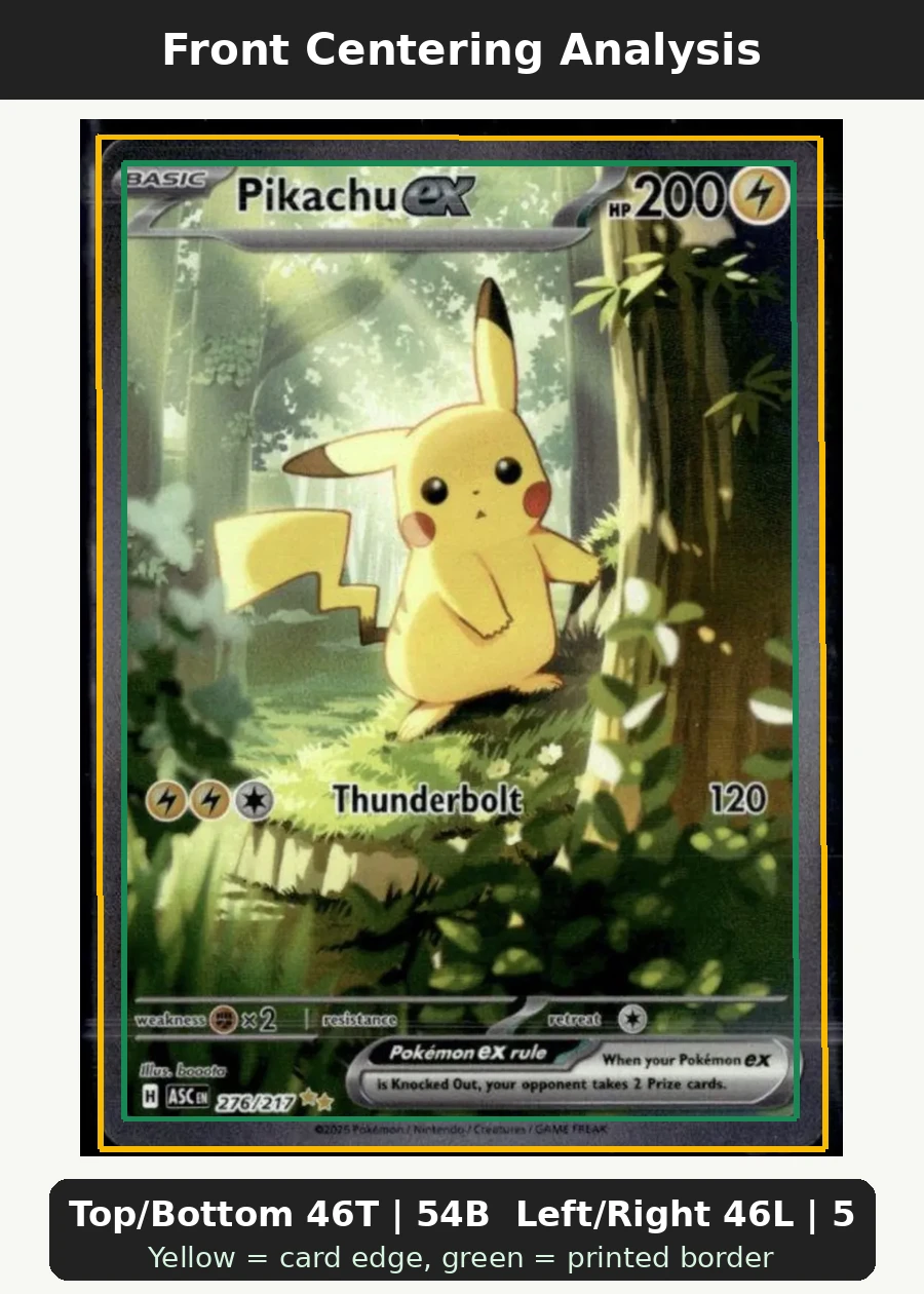 Pikachu ex 276/217 Ascended Heroes front centering analysis showing Top/Bottom 46T | 54B and Left/Right 46L | 54R.