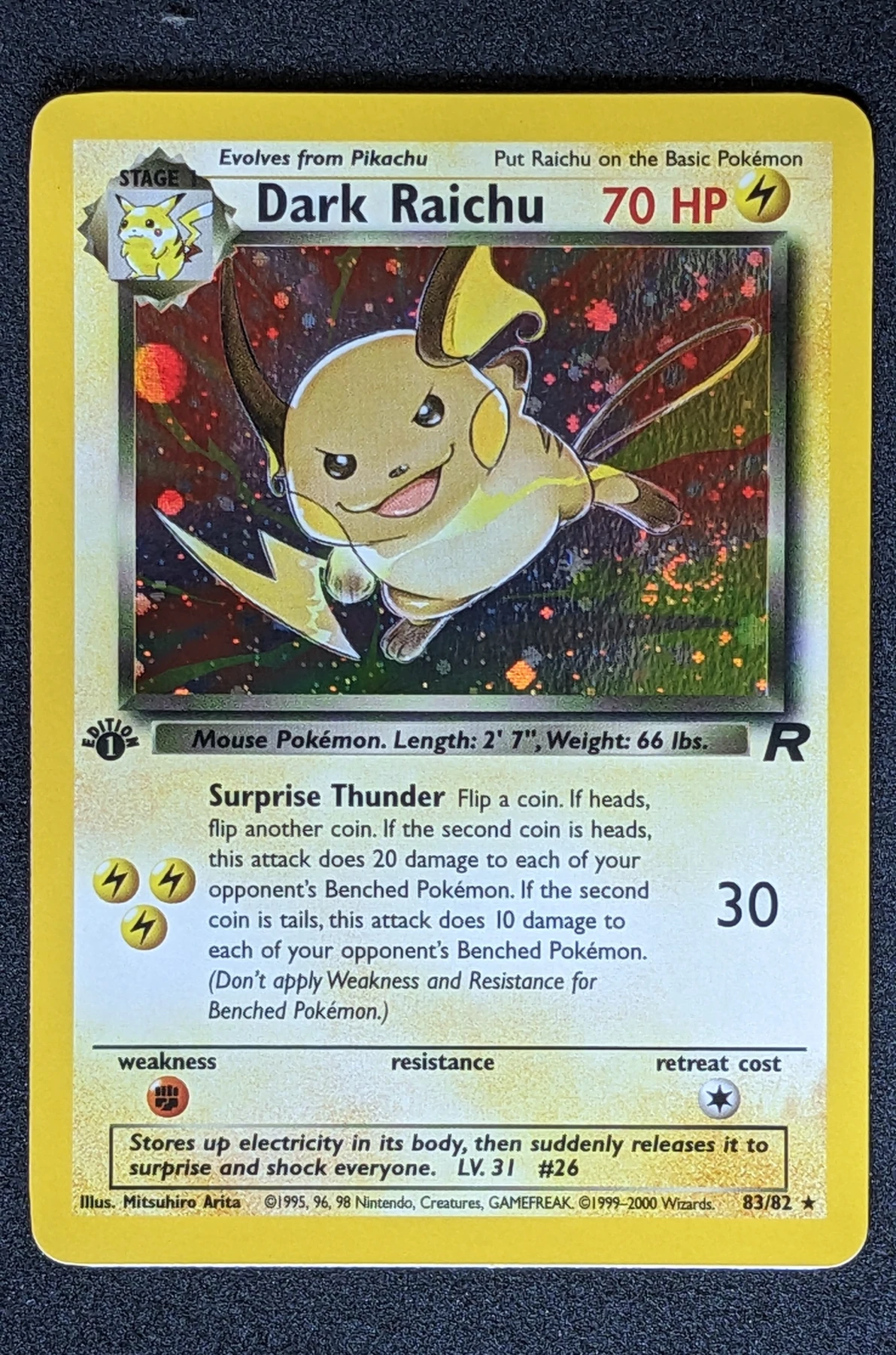 Dark Raichu 083/82 · First Edition Stamp Team Rocket front card photo in PokeToGrade pregrading report