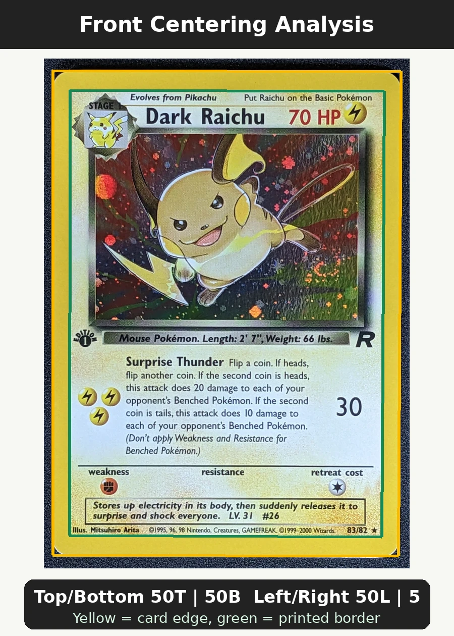Dark Raichu 083/82 · First Edition Stamp Team Rocket front centering analysis showing Top/Bottom 50T | 50B and Left/Right 50L | 50R.