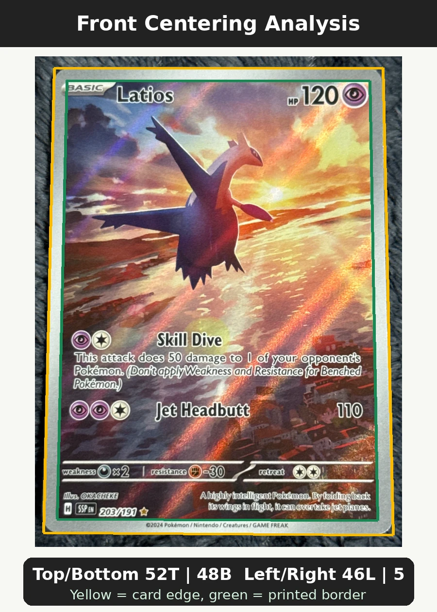 Latios 203/191 Surging Sparks front centering analysis showing Top/Bottom 52T | 48B and Left/Right 46L | 54R.