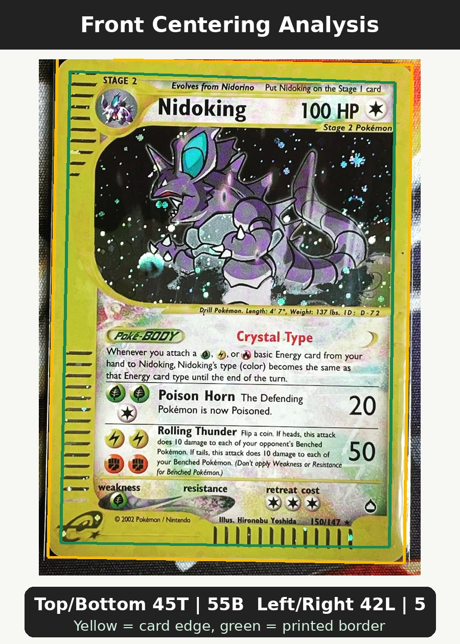 Nidoking 150/147 Aquapolis front centering analysis showing Top/Bottom 45T | 55B and Left/Right 42L | 58R.