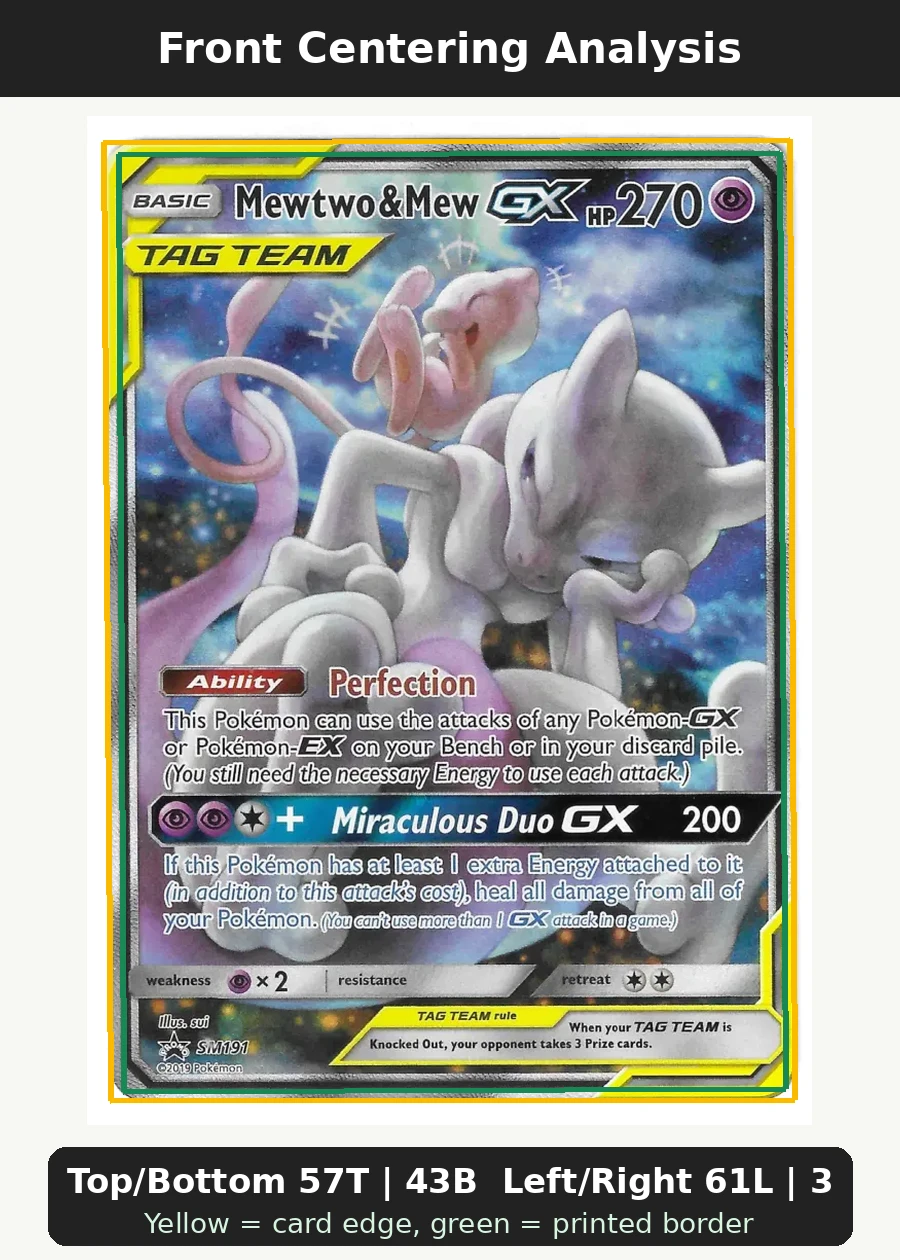 Mewtwo & Mew GX SM191/248 SM Black Star Promos front centering analysis showing Top/Bottom 57T | 43B and Left/Right 61L | 39R.