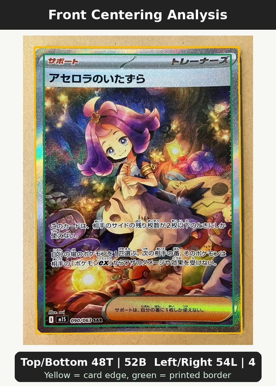 Acerola's Mischief 090/63 Mega Symphonia front centering analysis showing Top/Bottom 48T | 52B and Left/Right 54L | 46R.