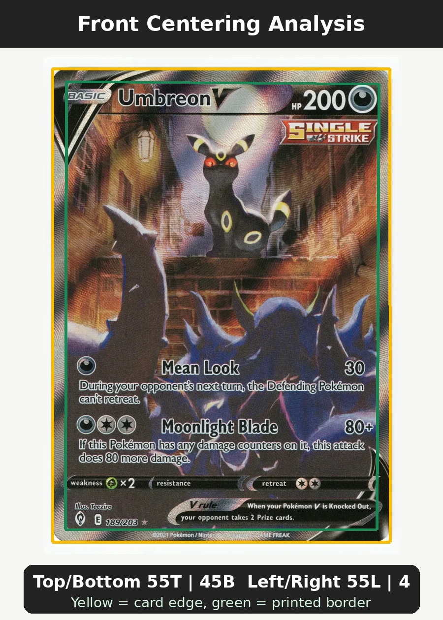 Umbreon V 189/203 Evolving Skies front centering analysis showing Top/Bottom 55T | 45B and Left/Right 55L | 45R.