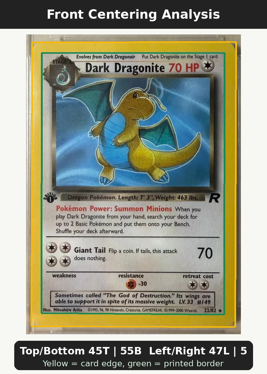 Dark Dragonite 022/82 Team Rocket front centering analysis showing Top/Bottom 45T | 55B and Left/Right 47L | 53R.