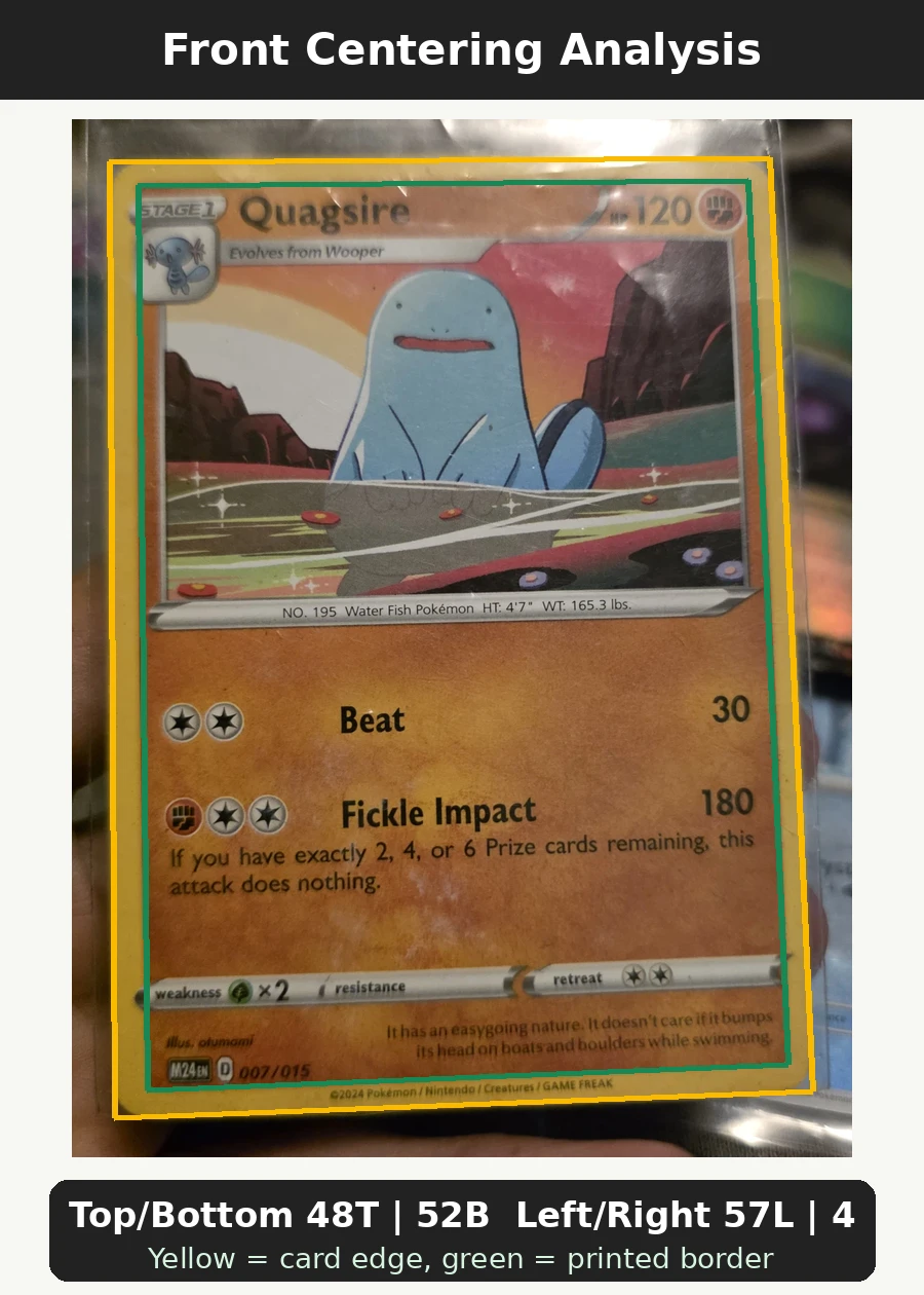 Quagsire 084/185 Vivid Voltage front centering analysis showing Top/Bottom 48T | 52B and Left/Right 57L | 43R.