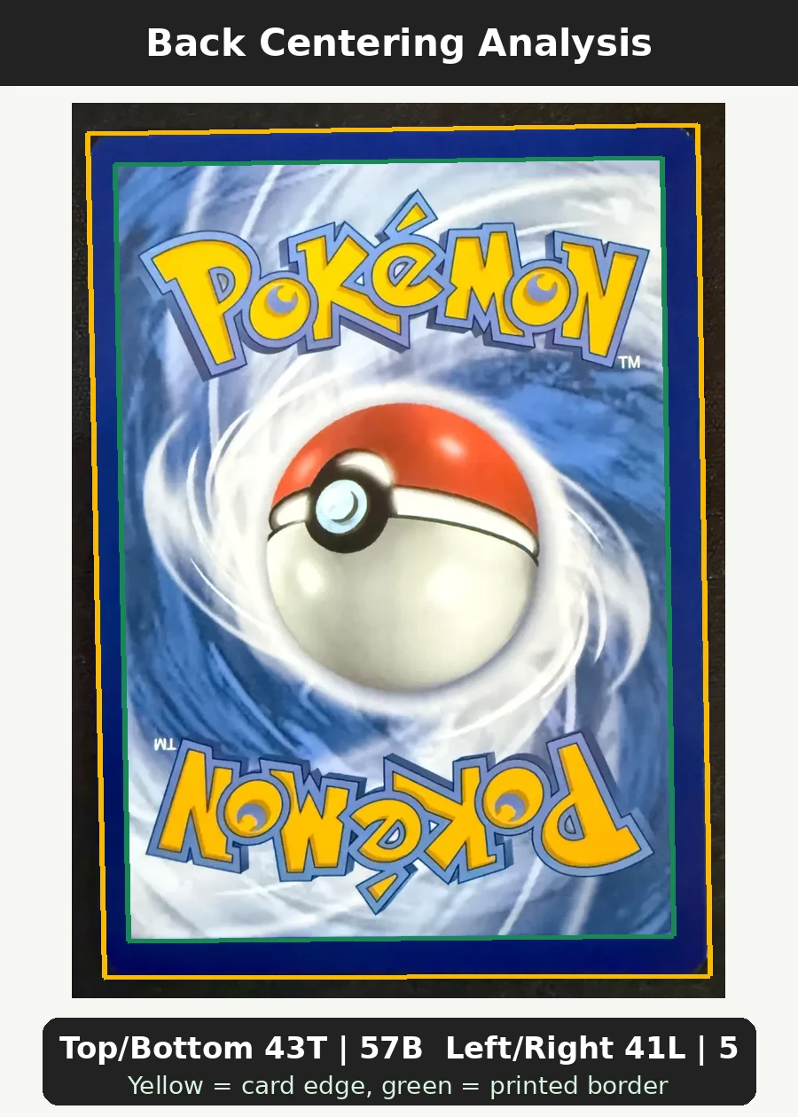 Pikachu TG05/196 Lost Origin back centering analysis showing Top/Bottom 43T | 57B and Left/Right 41L | 59R.