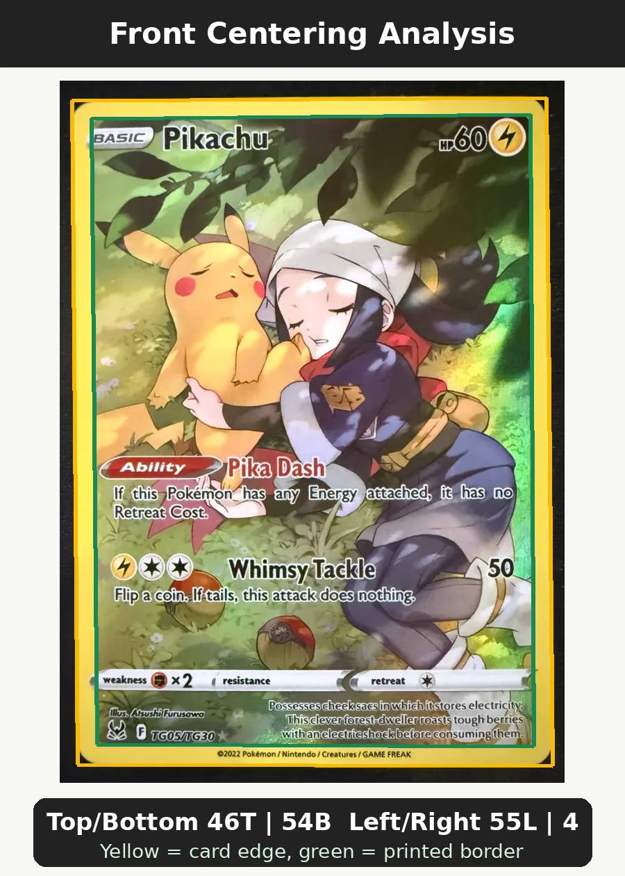 Pikachu TG05/196 Lost Origin front centering analysis showing Top/Bottom 46T | 54B and Left/Right 55L | 45R.