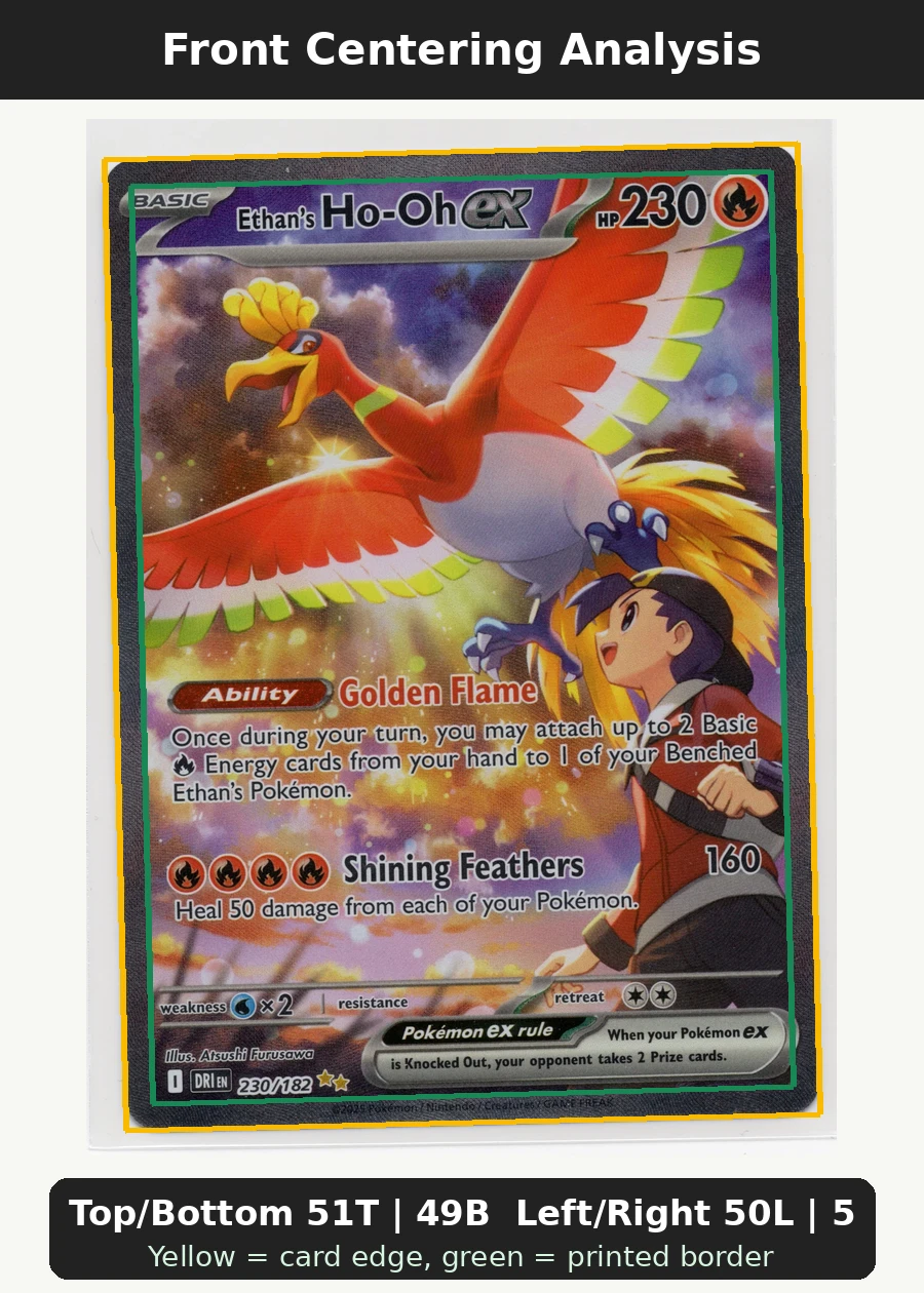 Ethan's Ho-Oh ex 230/182 Destined Rivals front centering analysis showing Top/Bottom 51T | 49B and Left/Right 50L | 50R.