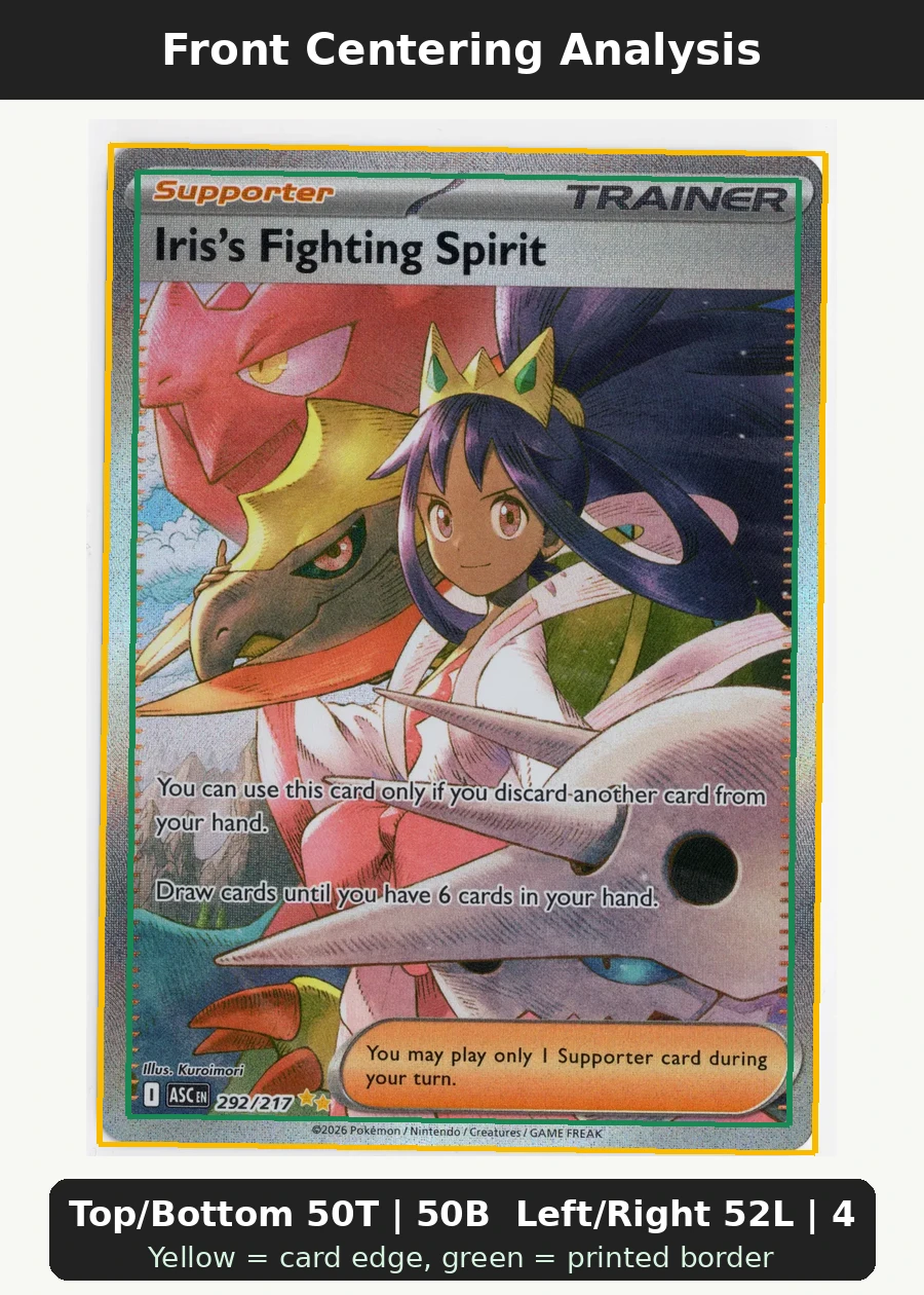 Iris's Fighting Spirit 292/217 Ascended Heroes front centering analysis showing Top/Bottom 50T | 50B and Left/Right 52L | 48R.