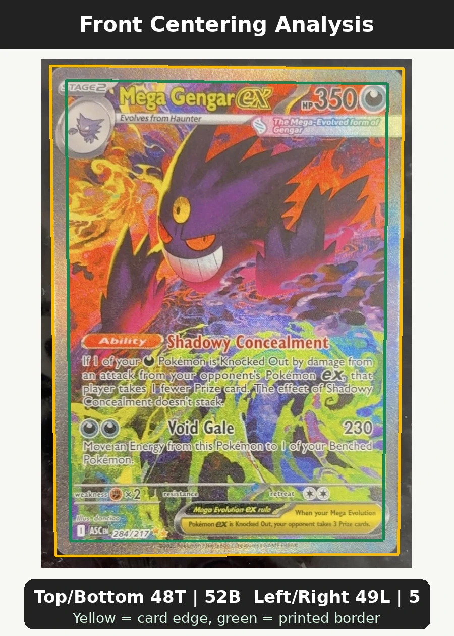 Mega Gengar ex 284/217 Ascended Heroes front centering analysis showing Top/Bottom 48T | 52B and Left/Right 49L | 51R.