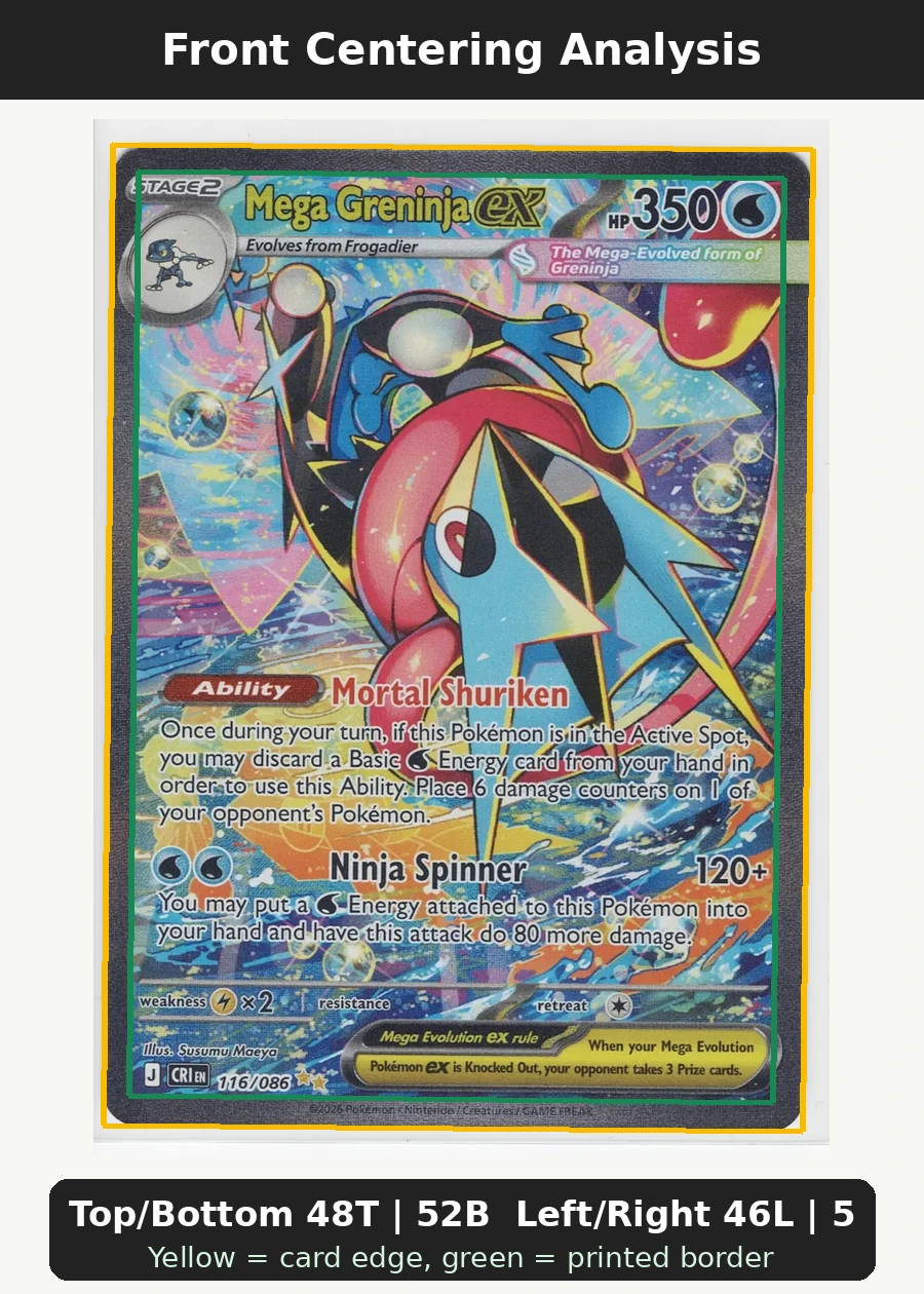 Mega Greninja ex 116/86 Chaos Rising front centering analysis showing Top/Bottom 48T | 52B and Left/Right 46L | 54R.