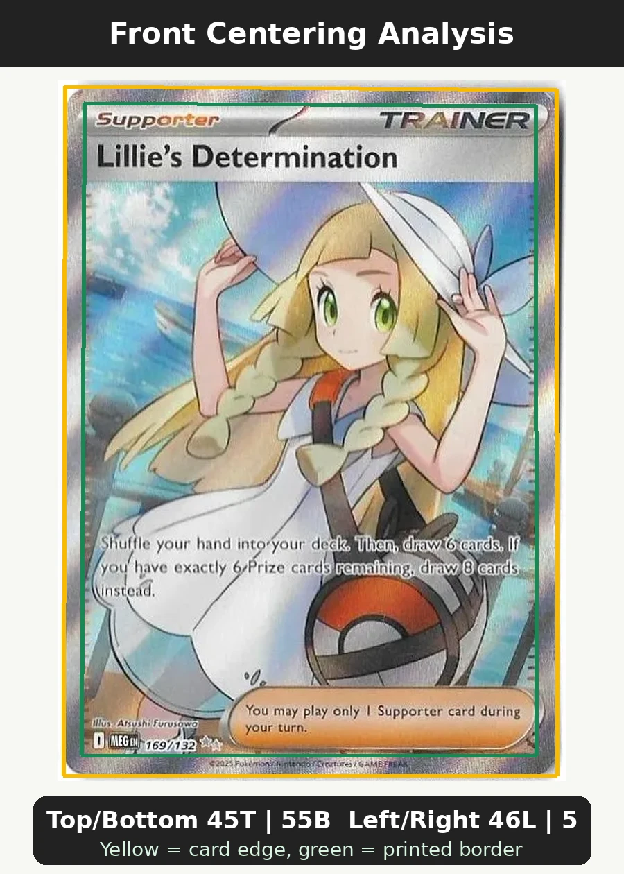 Lillie's Determination 169/132 Mega Evolution front centering analysis showing Top/Bottom 45T | 55B and Left/Right 46L | 54R.