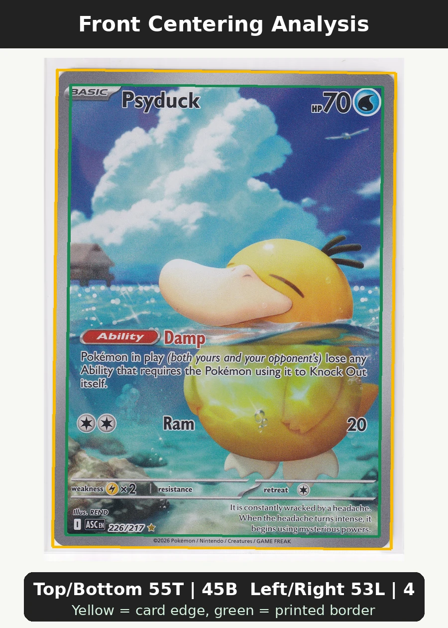 Psyduck 226/217 Ascended Heroes front centering analysis showing Top/Bottom 55T | 45B and Left/Right 53L | 47R.