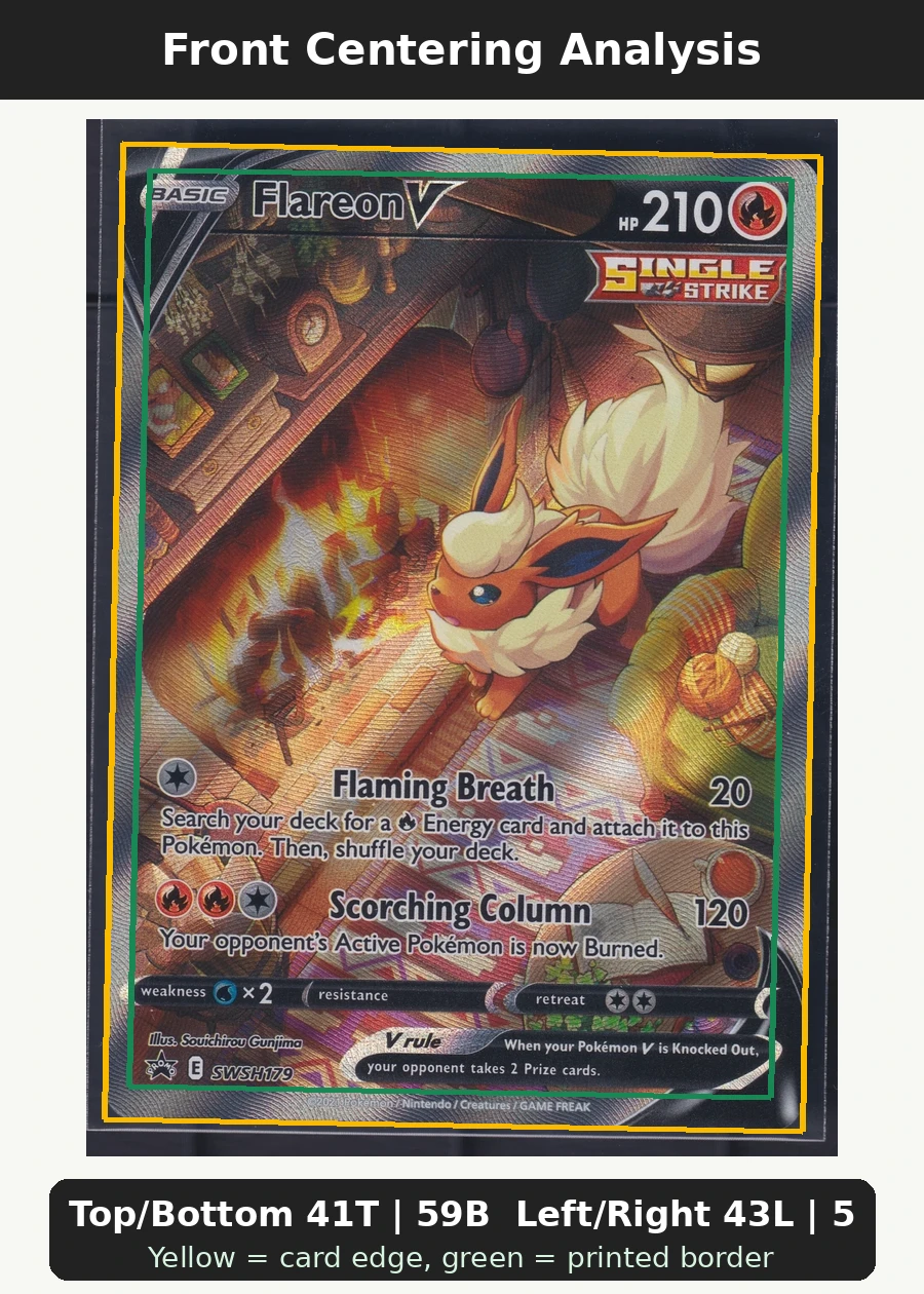 Flareon V SWSH179/307 SWSH Black Star Promos front centering analysis showing Top/Bottom 41T | 59B and Left/Right 43L | 57R.