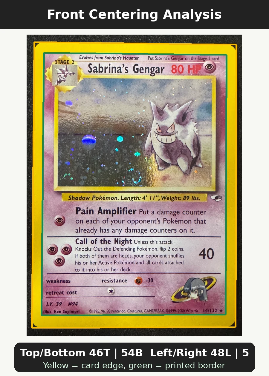 Sabrina's Gengar 014/132 Gym Heroes front centering analysis showing Top/Bottom 46T | 54B and Left/Right 48L | 52R.