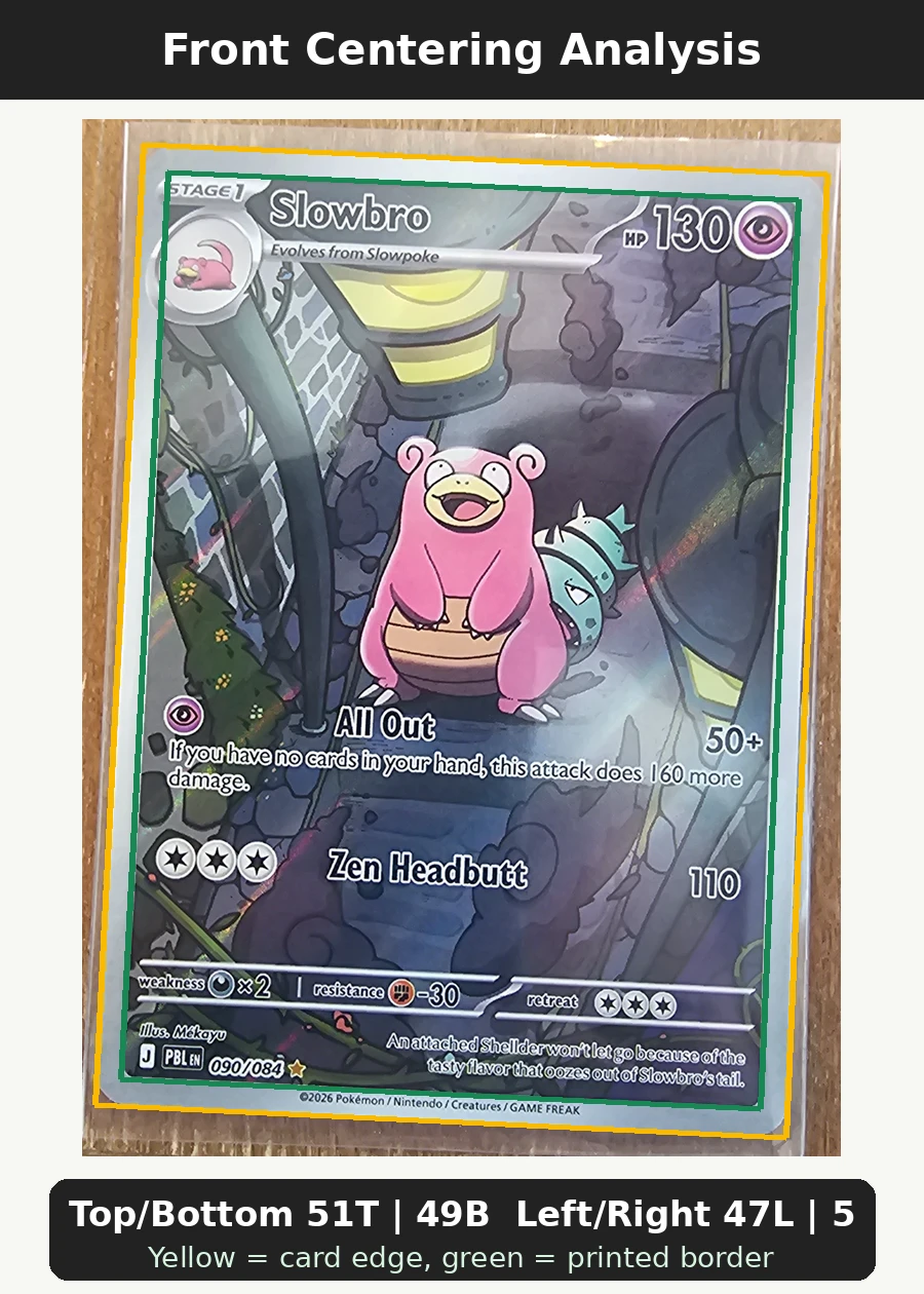 Slowbro 090/84 Pitch Black front centering analysis showing Top/Bottom 51T | 49B and Left/Right 47L | 53R.
